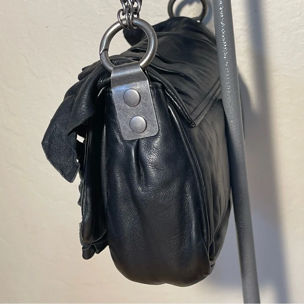 AllSaints Black Ruffled Leather Shoulder Bag Soft Leather Gunmetal Hardware